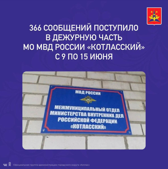 366 сообщений поступило в дежурную часть МО МВД России «Котласский» с 9 по 15 июня от жителей города и района, из них 7 - о преступлениях. 366 сообщений поступило в дежурную часть МО МВД России «Котласский» с 9 по 15 июня от жителей города и района, из них 7 - о преступлениях.